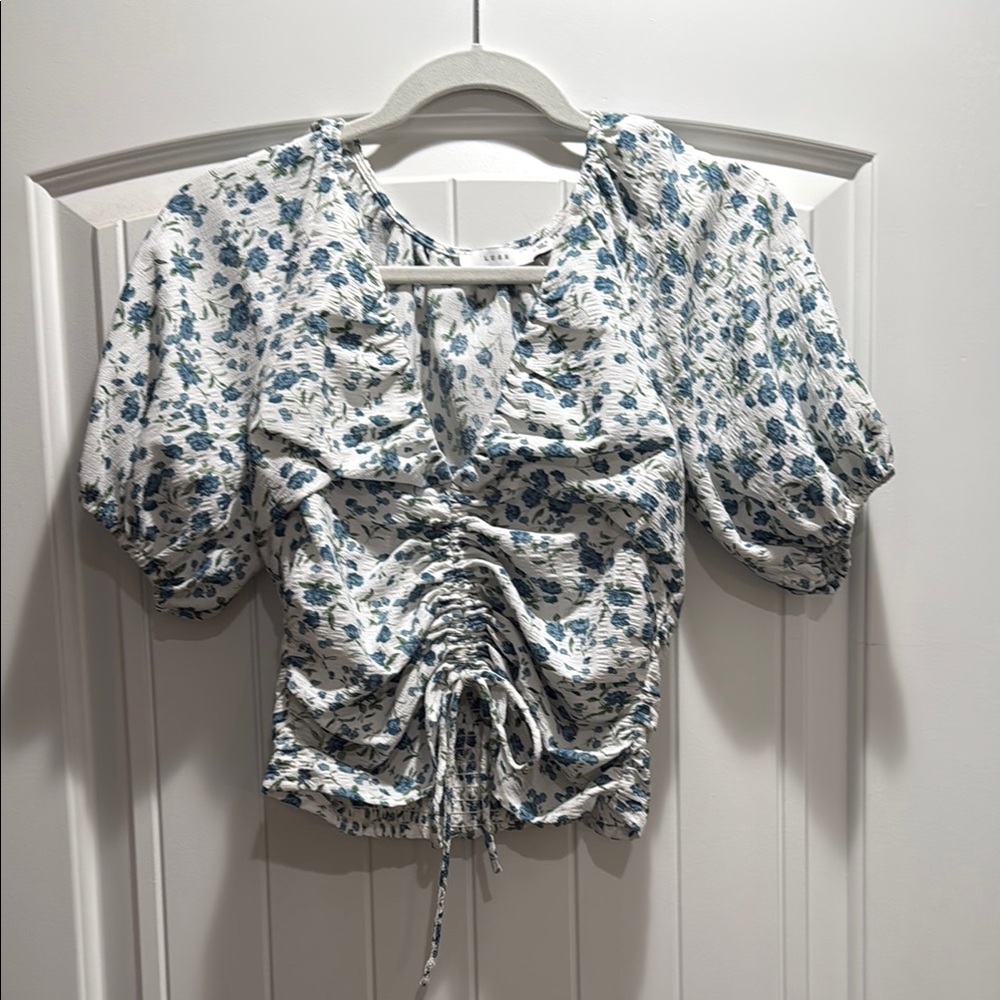 Lush Black and White Ruched Tie Front Crop Blouse